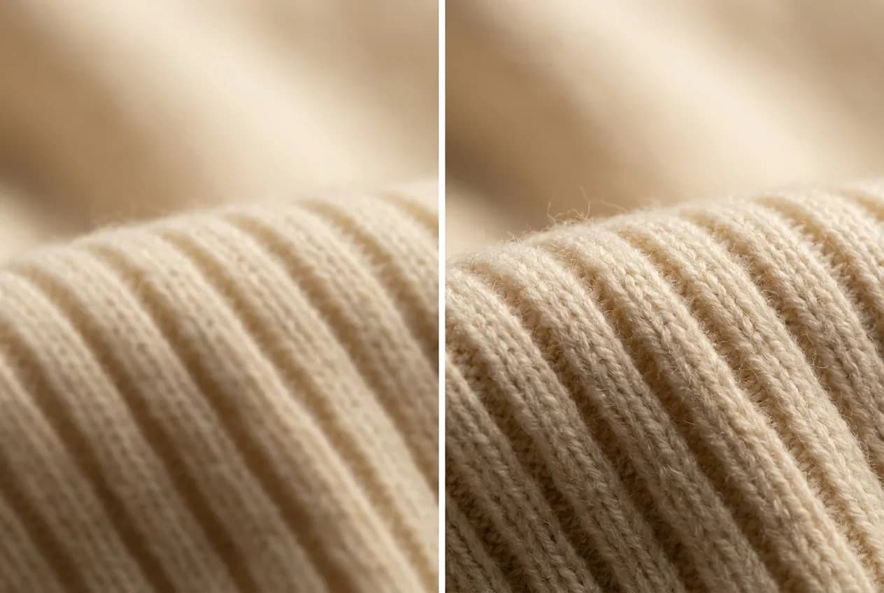 A split image of the same cashmere fabric: soft on the left, razor-sharp 4K detail on the right.
