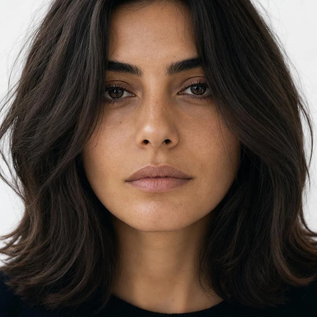 A close-up casting portrait of Inès — dark wavy shoulder-length hair, natural skin, looking straight at camera.