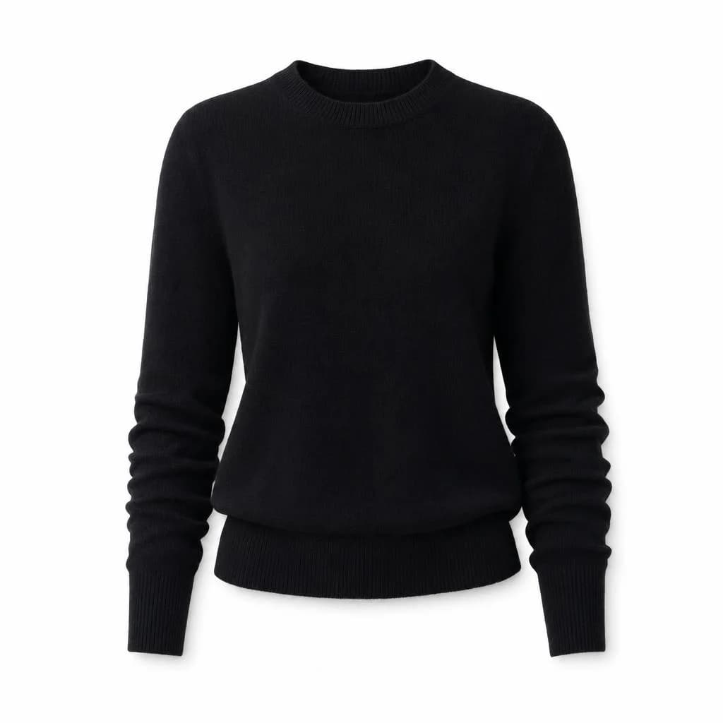 A black cashmere crewneck sweater on a white background.