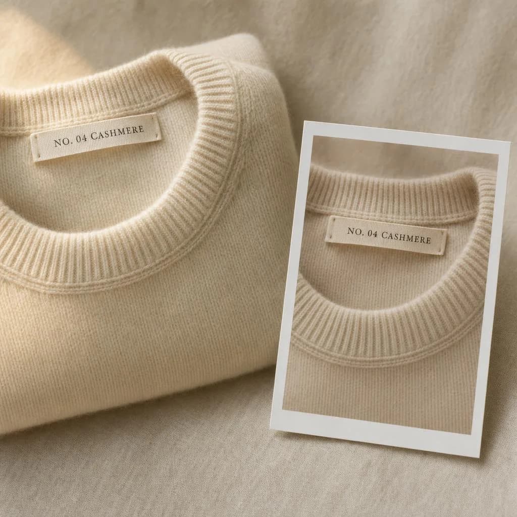 A folded cashmere sweater next to a printed photo of itself, both labels identical.