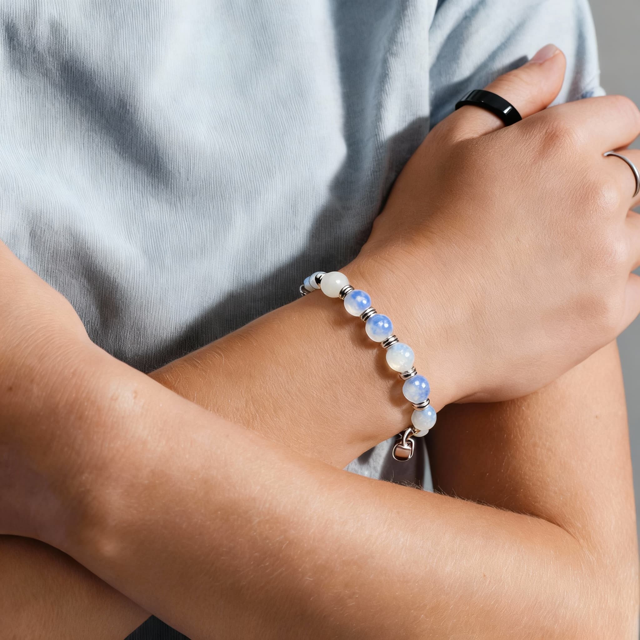 AI-created lifestyle product shot with crossed arms and intimate framing showing realistic skin tones and natural pose