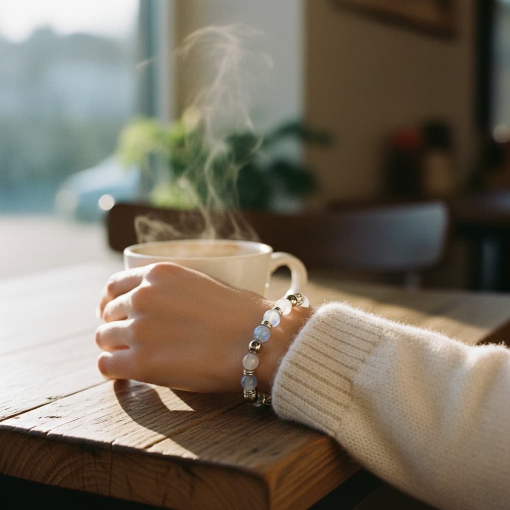 Realistic AI-generated commercial jewelry photography at workspace with bokeh background and warm atmospheric lighting