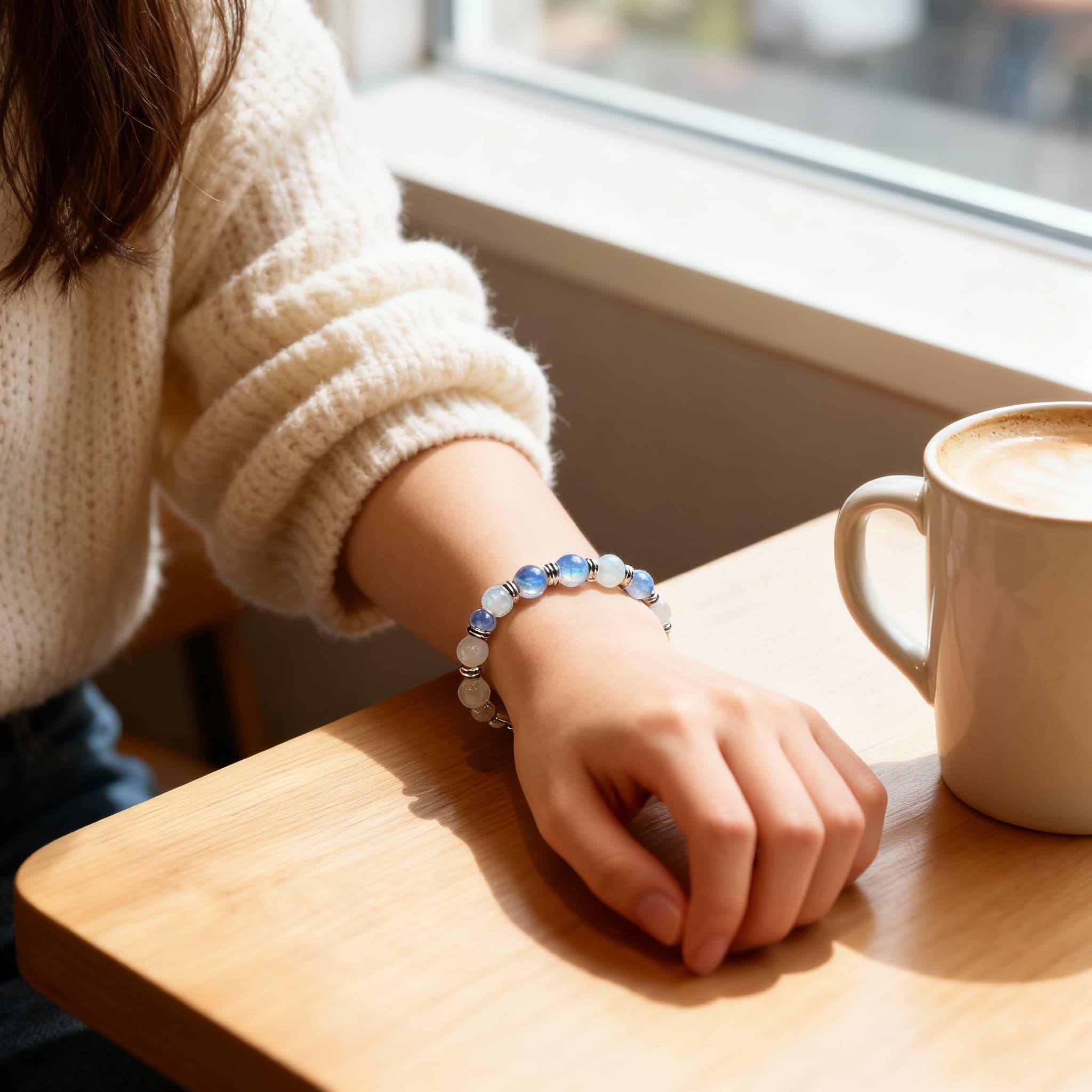 AI-generated lifestyle jewelry photography with warm natural window light and cozy cafe aesthetic