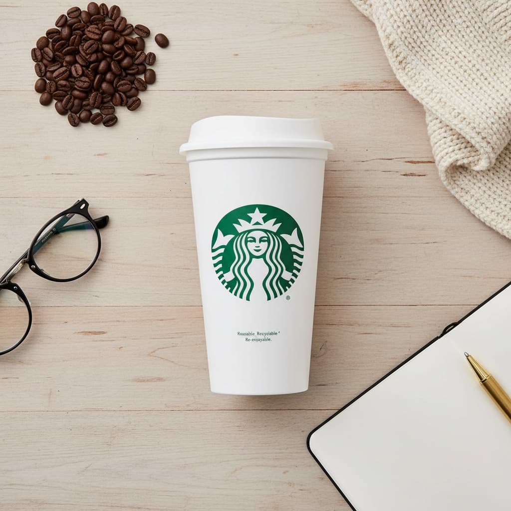 AI-generated flat lay product photography with coffee beans and lifestyle props on rustic wood surface with natural overhead lighting