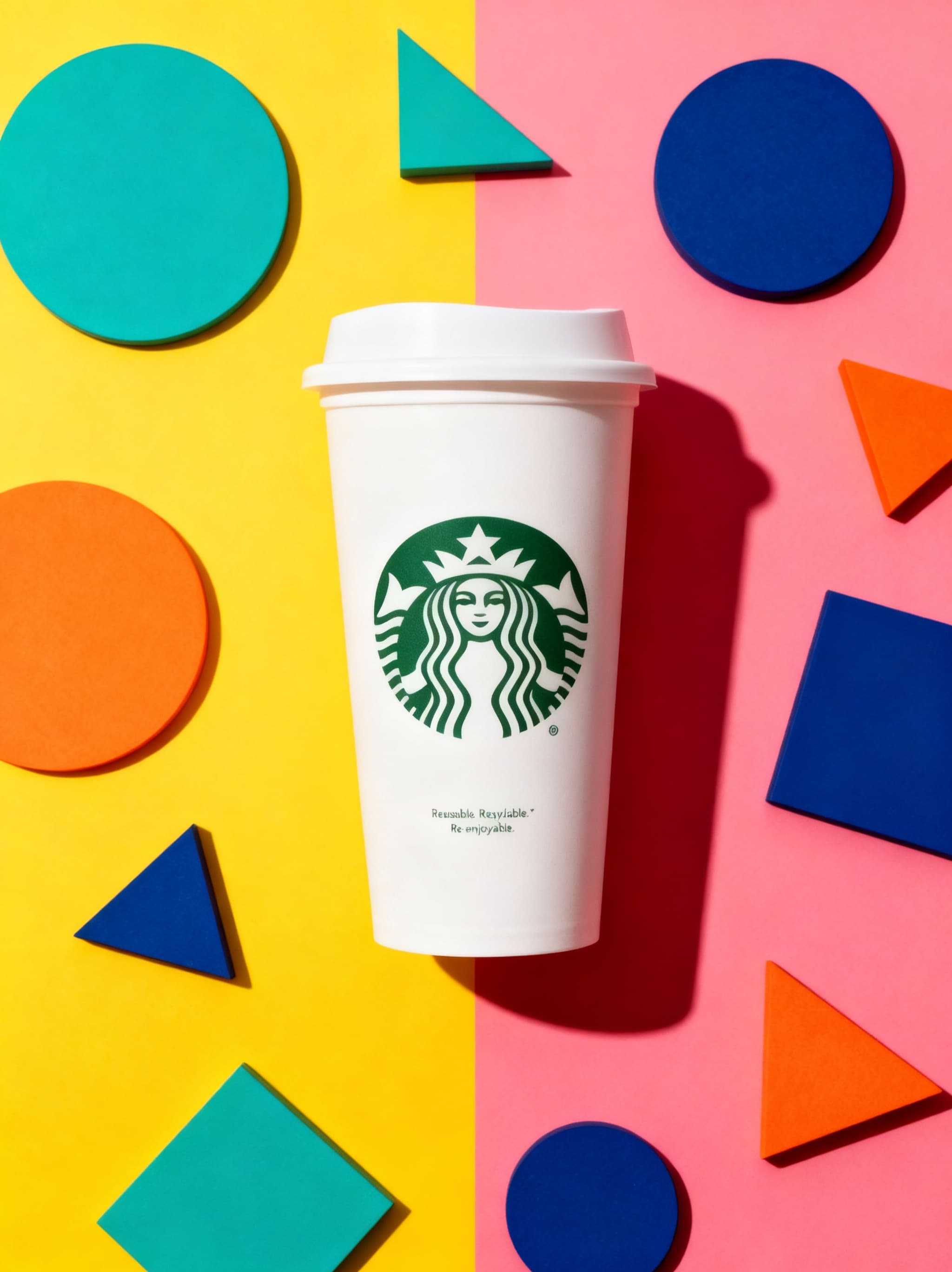 AI-created bold graphic product photography on colorful geometric pattern background with hard shadows and playful pop art aesthetic