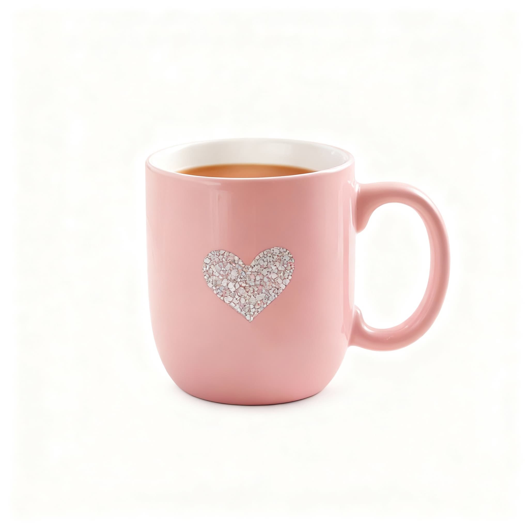 Pink ceramic mug with silver heart design on clean white background