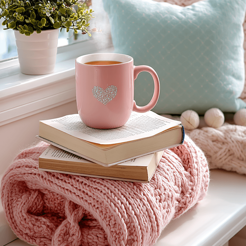 Photorealistic AI lifestyle photography showing cozy hygge aesthetic with books, plants, and natural window light