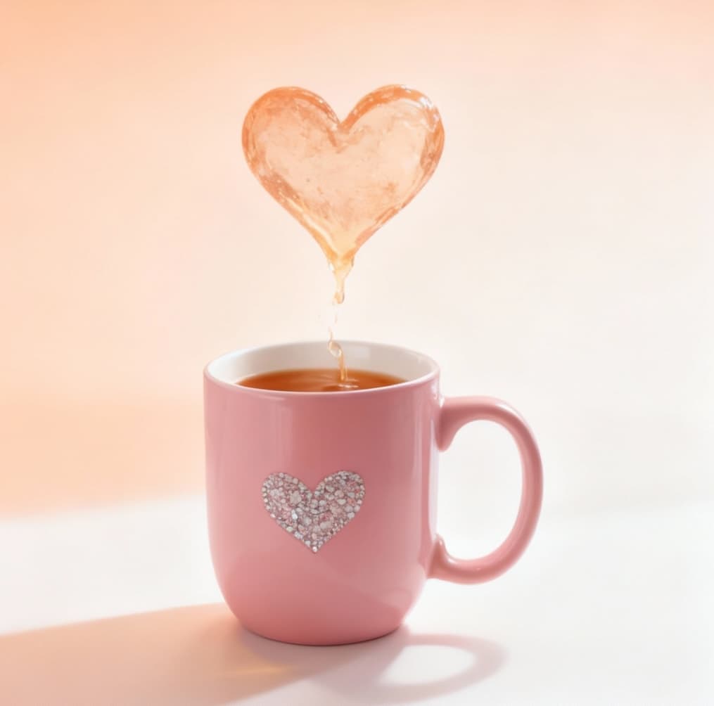Creative AI-generated conceptual product photography featuring floating latte art heart and warm peachy gradient background