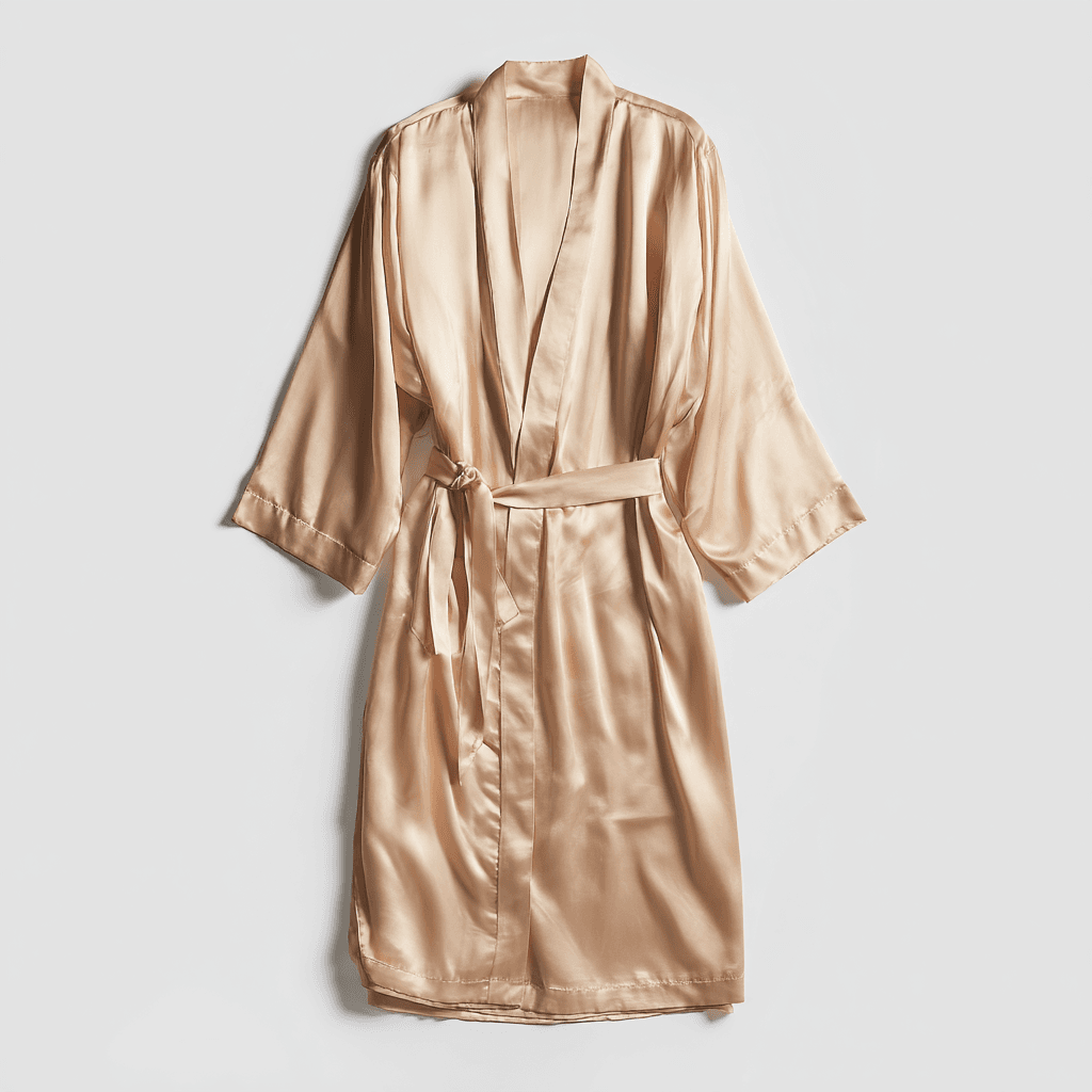 Flat lay product photography of champagne satin robe on neutral background