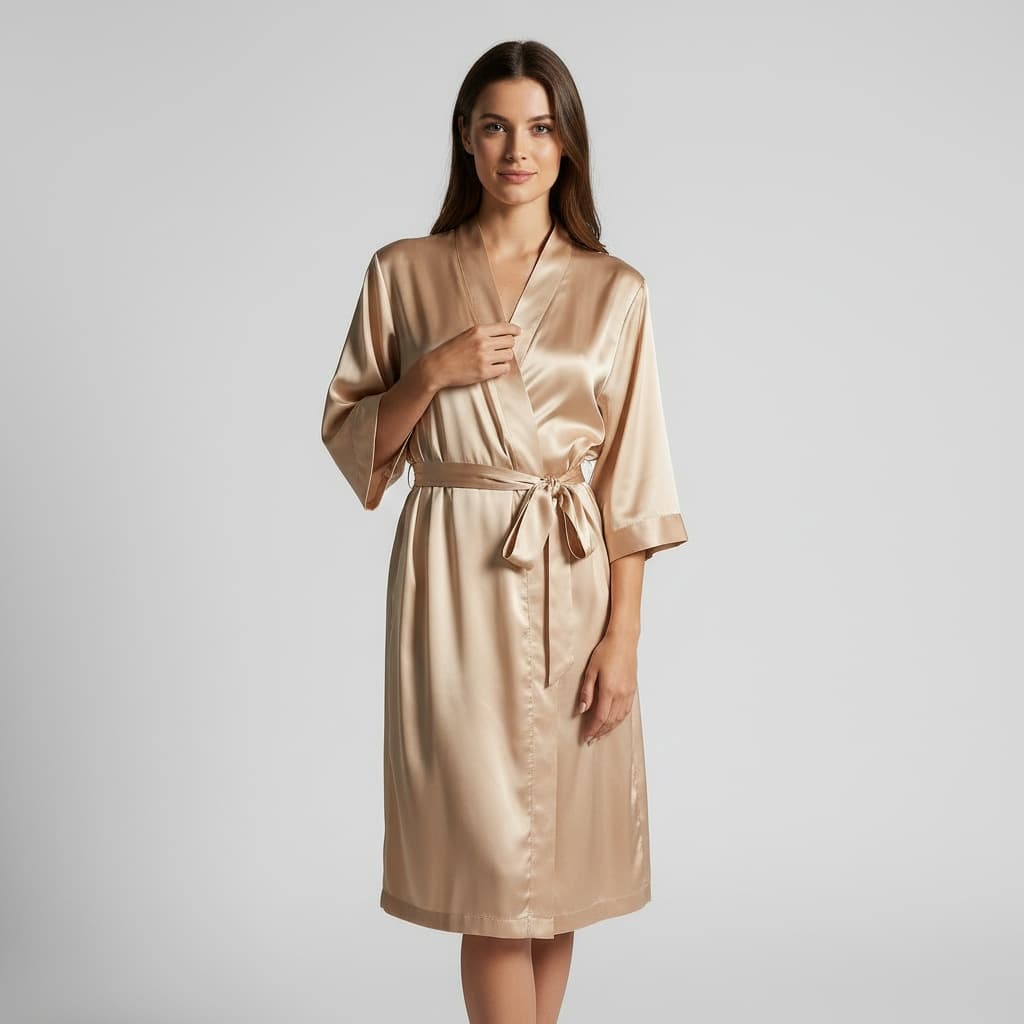 Professional AI-created editorial product photography of champagne robe with studio lighting and clean minimal background