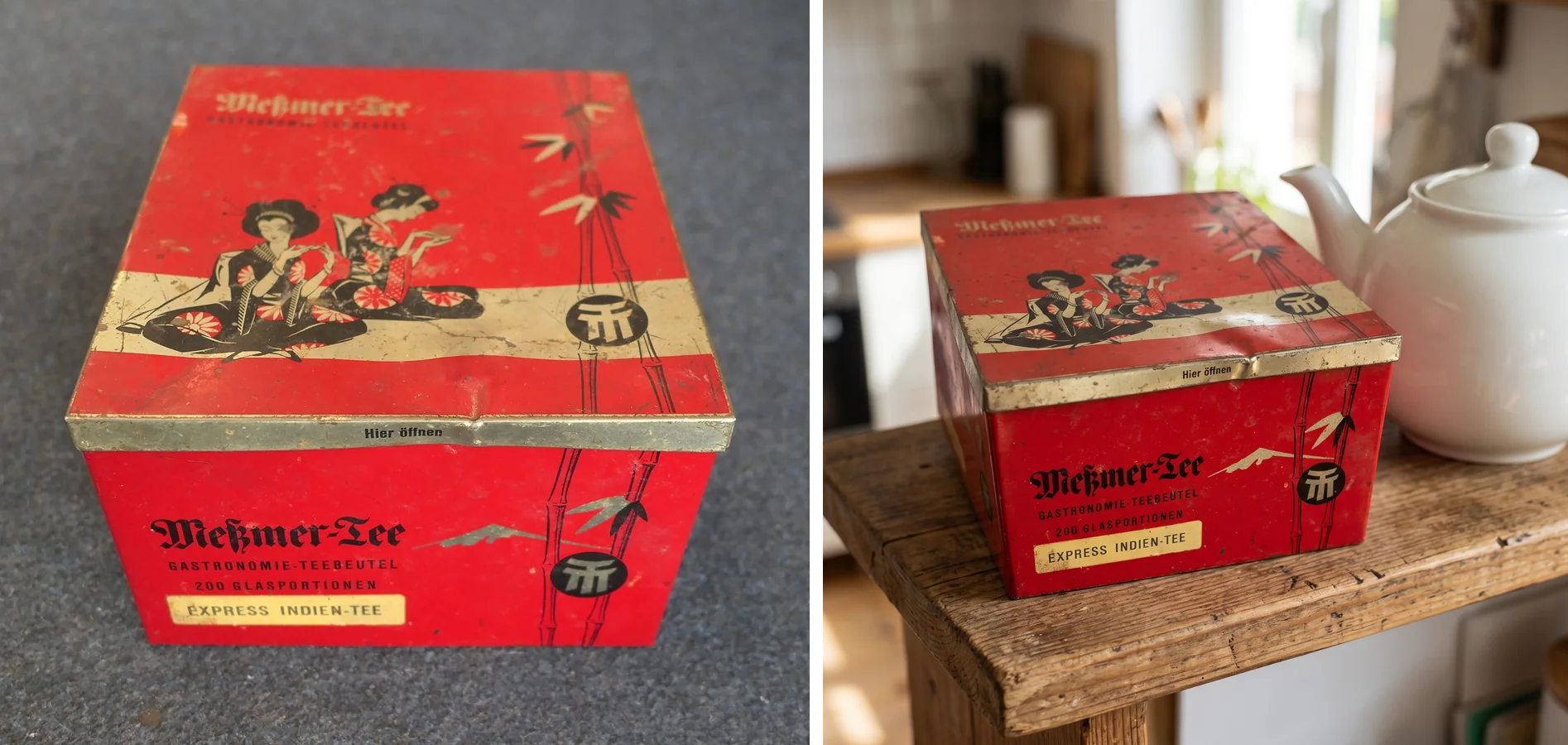 A vintage red Meßmer tea tin photographed from above on a grey carpet, next to Nightjar's image of the same tin standing on a wooden kitchen shelf beside a white teapot, seen from the front