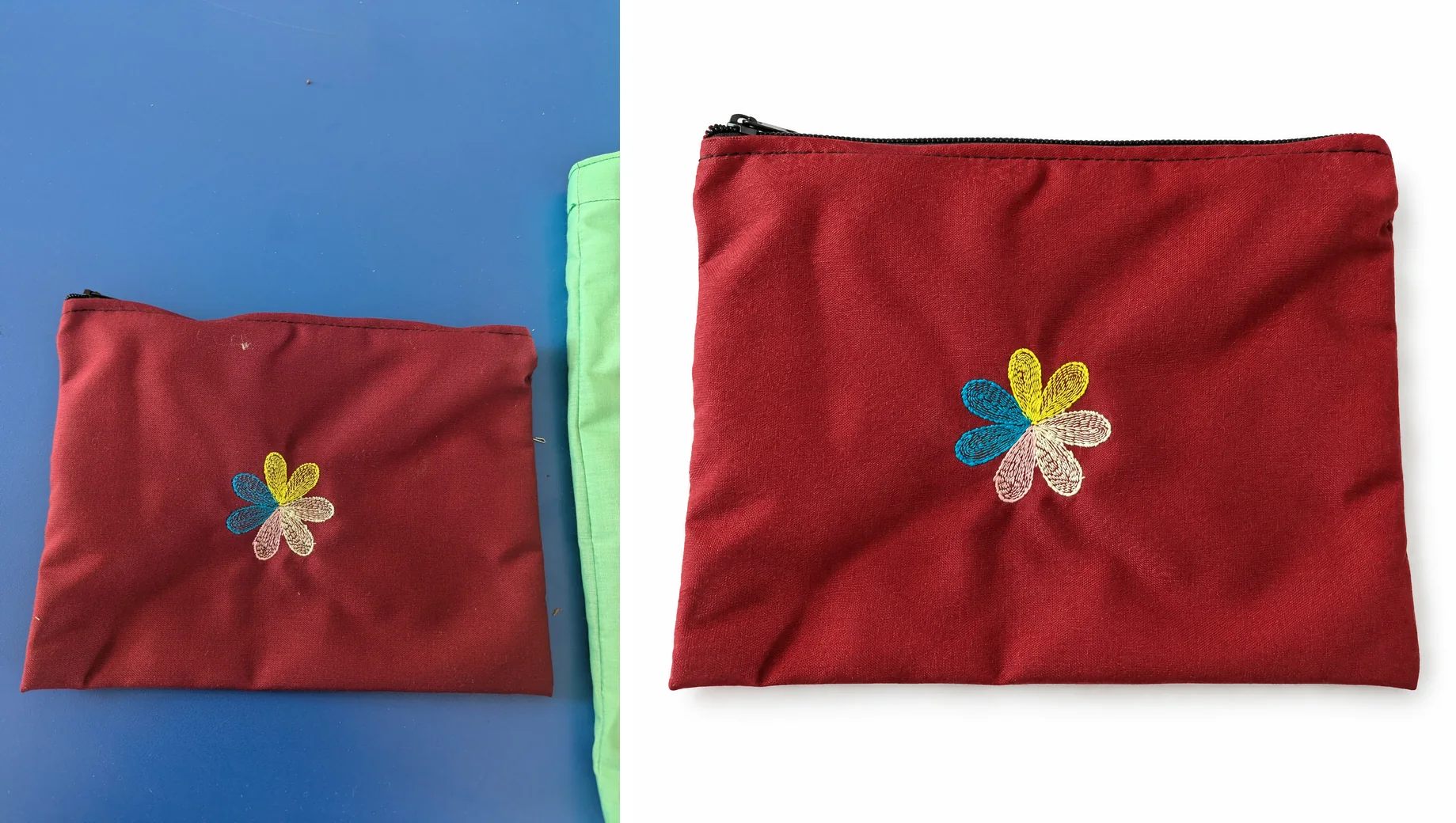 A maroon zip pouch with a seven-petal embroidered flower in blue, yellow, pink and cream, photographed with a phone on a blue table, next to Nightjar's image of the same pouch on a plain white background with a soft shadow