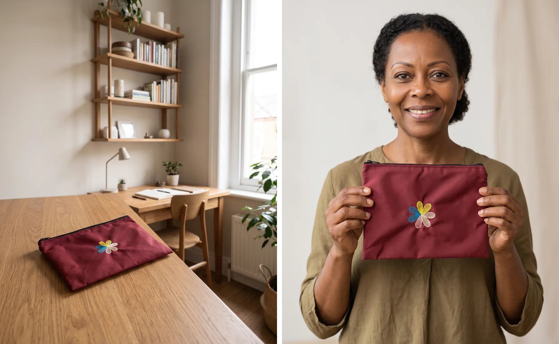 The same maroon pouch lying on a wooden table in a bright home office with a desk, bookshelves and plants, next to a woman in an olive-green top holding the pouch in front of her against a plain light backdrop