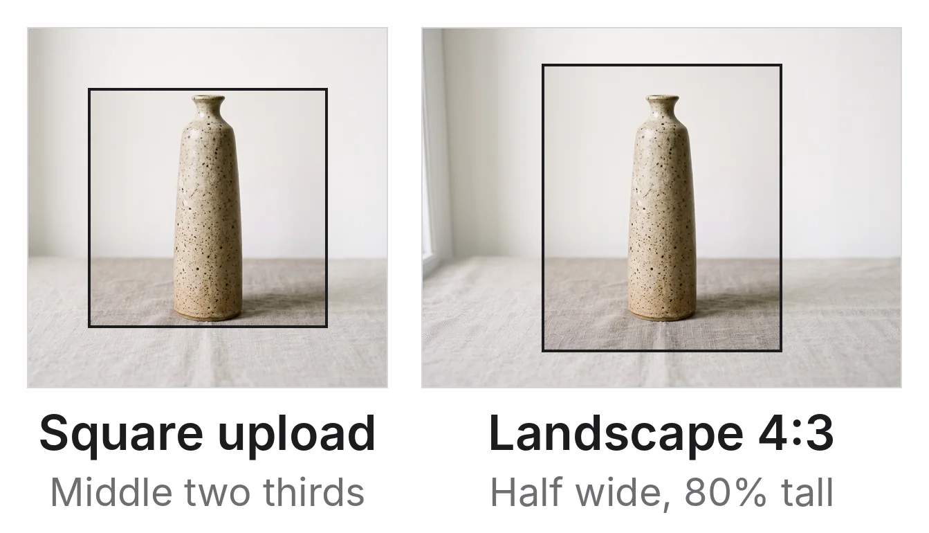 The same vase in two uploads. Left: a square photo with a box marking its middle two thirds, with the vase inside. Right: a 4:3 landscape photo with a box marking the middle half of its width and 80% of its height, with the vase inside.