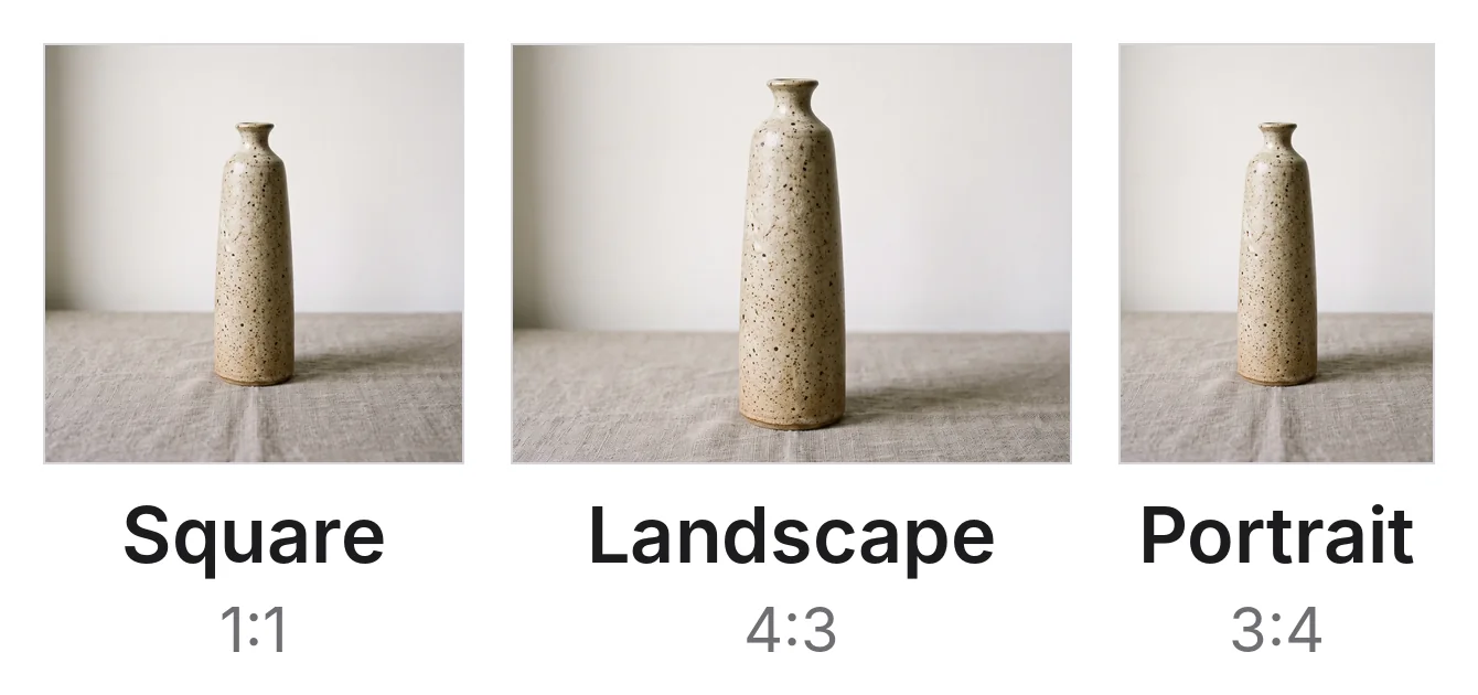 Three crops of the same photo of a speckled stoneware vase on a linen tablecloth: a square, a wider landscape rectangle and a taller portrait rectangle, with the whole vase visible in each.