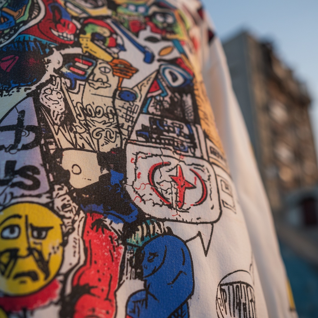 Image is a generated "Zoom In" showing crisp fabric texture and stitching details of the tshirt the model was wearing in the initial image