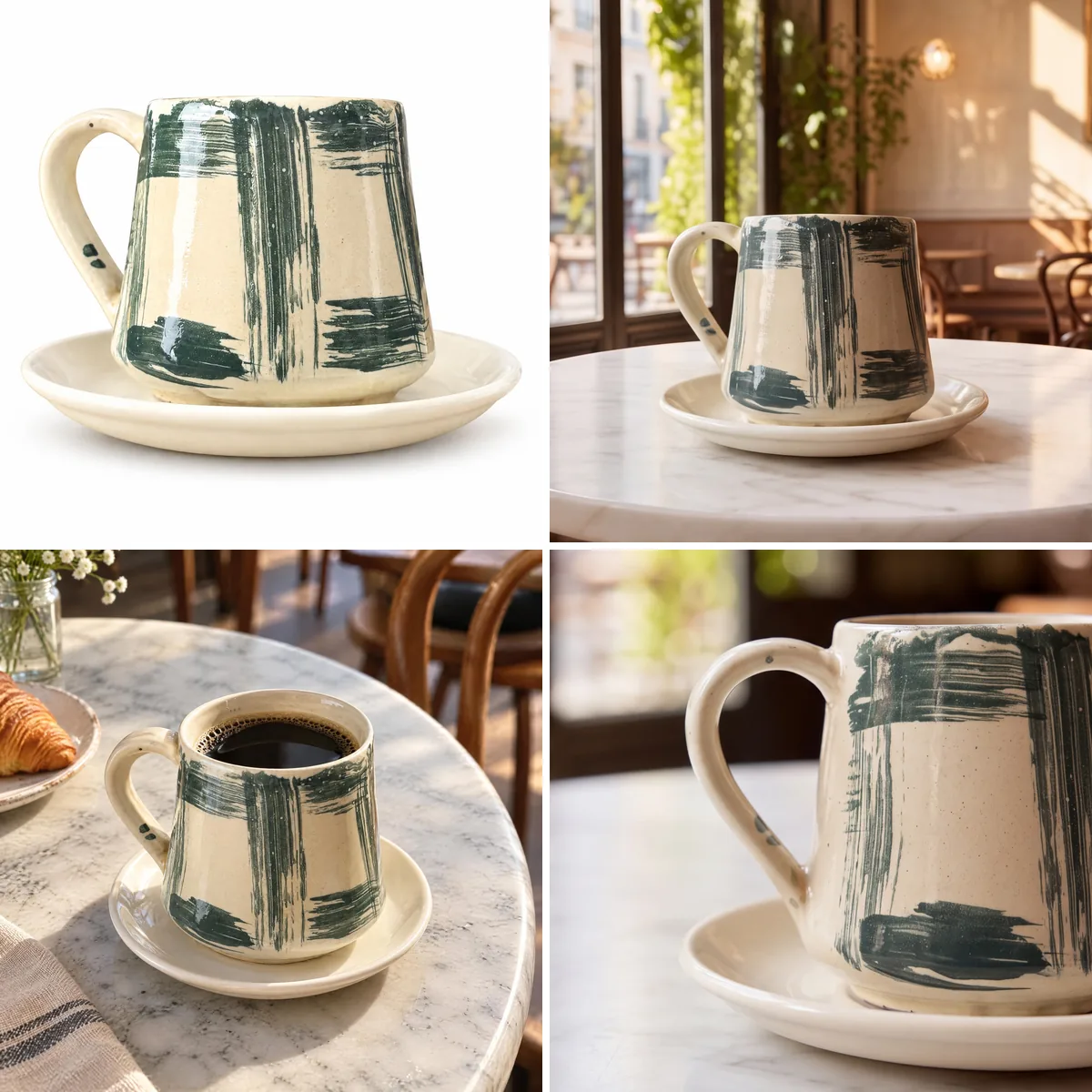 Four gallery photos of a handmade cream mug with green brushstrokes, each described in the table below.