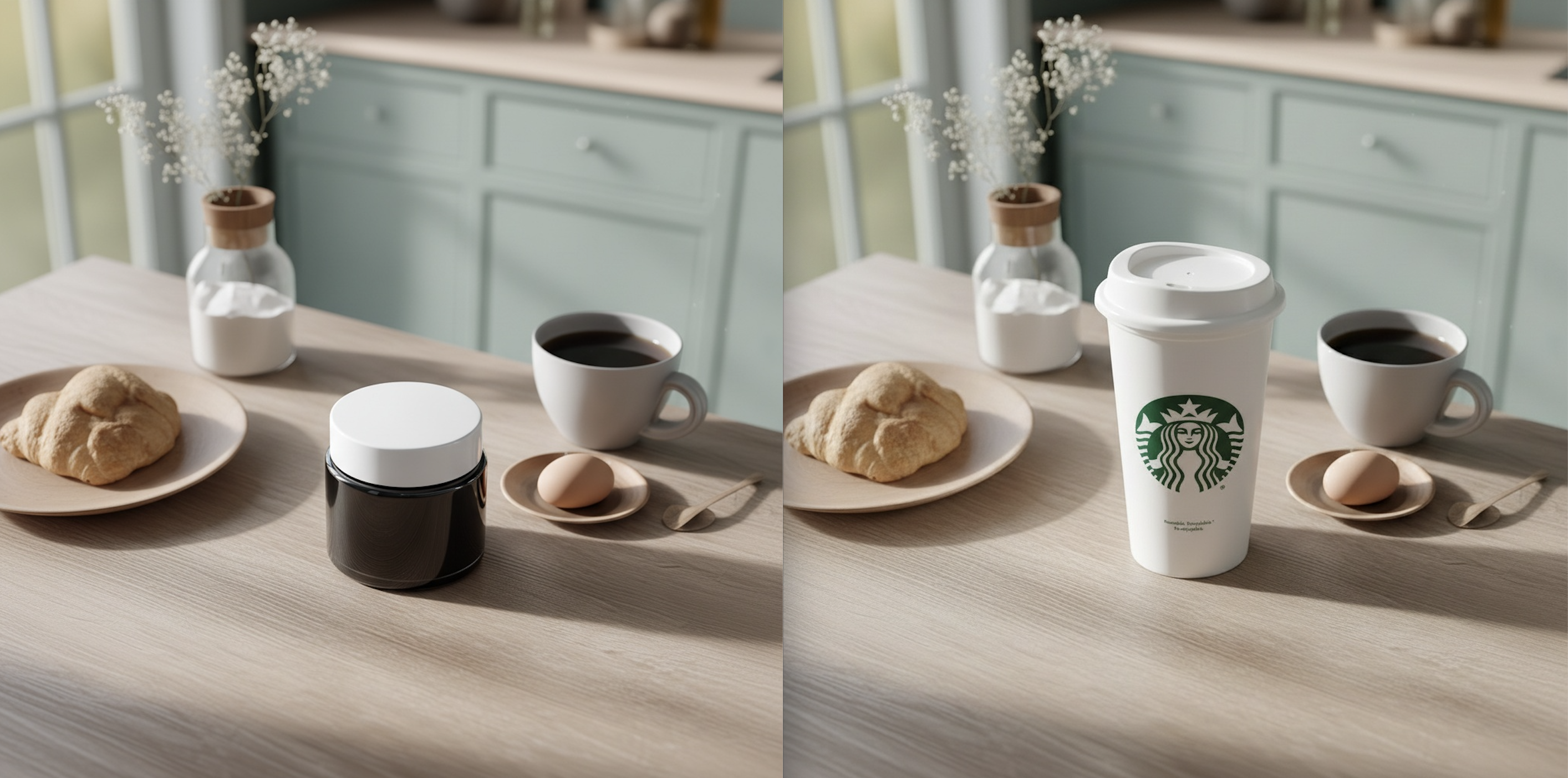 Screenshot of side-by-side comparison: The exact same lifestyle photo, but the product in the center has changed from a black jar bottle to a starbucks cup, both images are extremely realistic