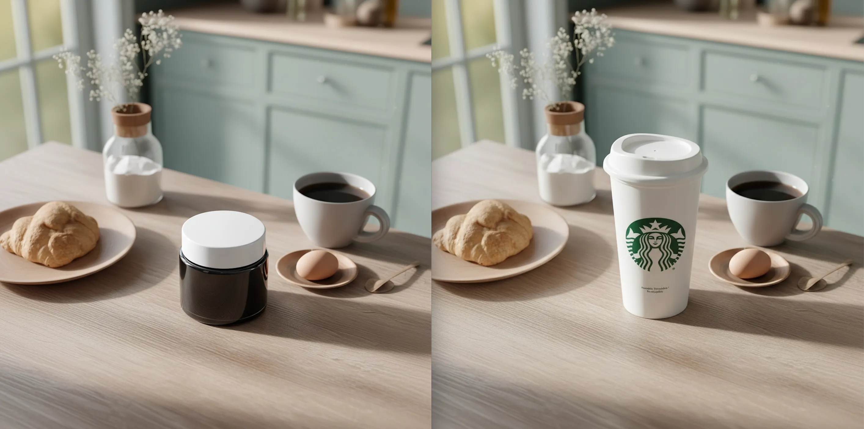 Side-by-side comparison: an identical lifestyle scene where the original black jar in the center has been swapped for a different cup, with the model, lighting, and background preserved.