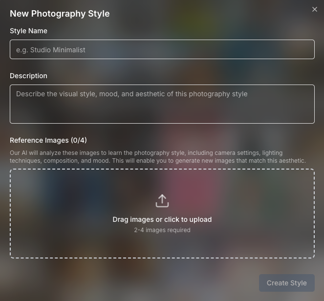 Screenshot of the 'New Photography Style' modal window where a user can enter a Style Name, Description, and upload Reference Images