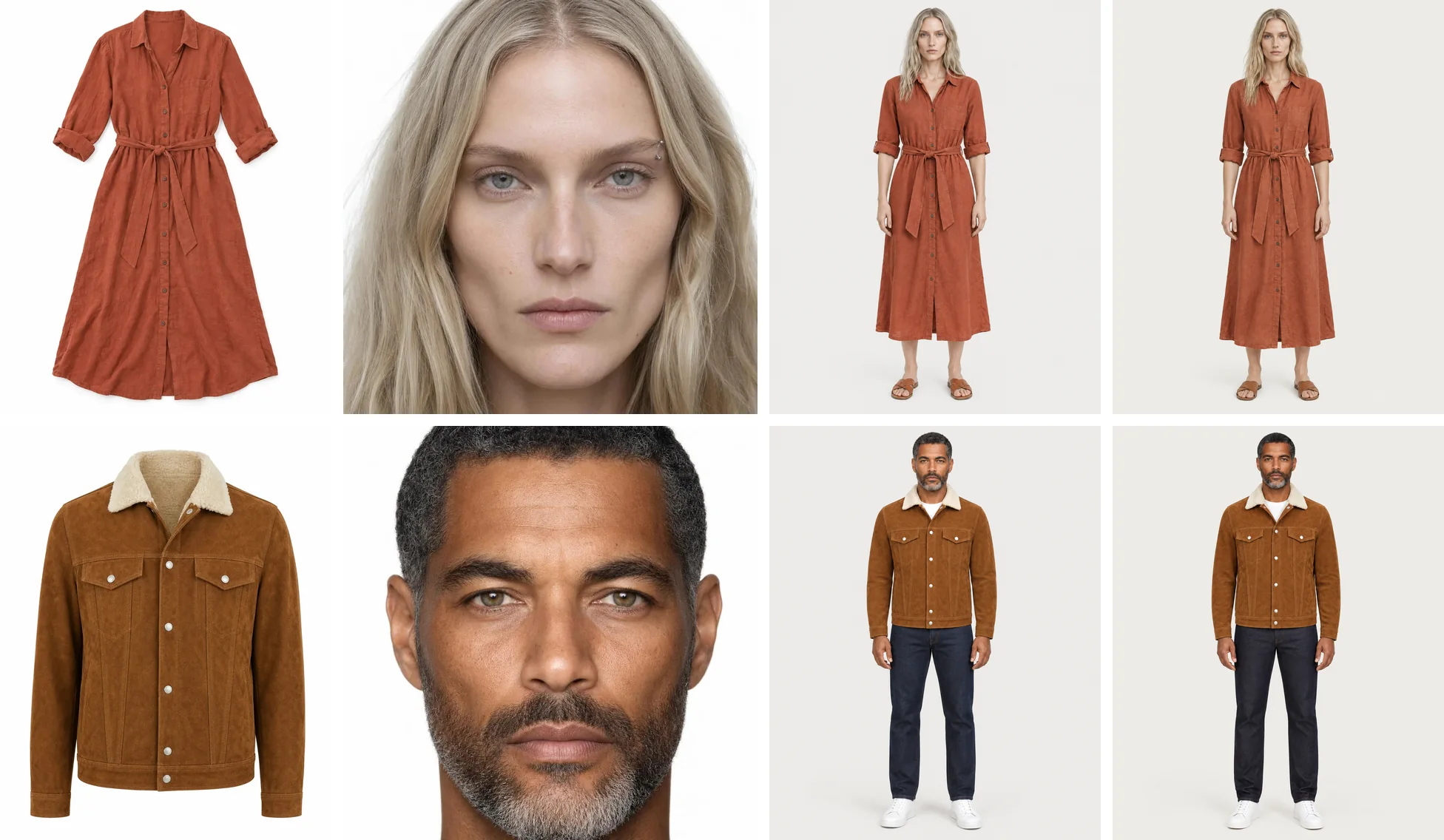 Two rows of four images. Top row: a terracotta linen shirt dress laid flat, the face of a blonde Fashion Model, then two full-body listing photos of her wearing the dress with tan sandals on a light grey backdrop. Bottom row: a cognac suede trucker jacket with a cream sherpa collar, the face of a grey-bearded Fashion Model, then two full-body listing photos of him in the jacket, a white T-shirt, indigo jeans and white sneakers on the same backdrop.