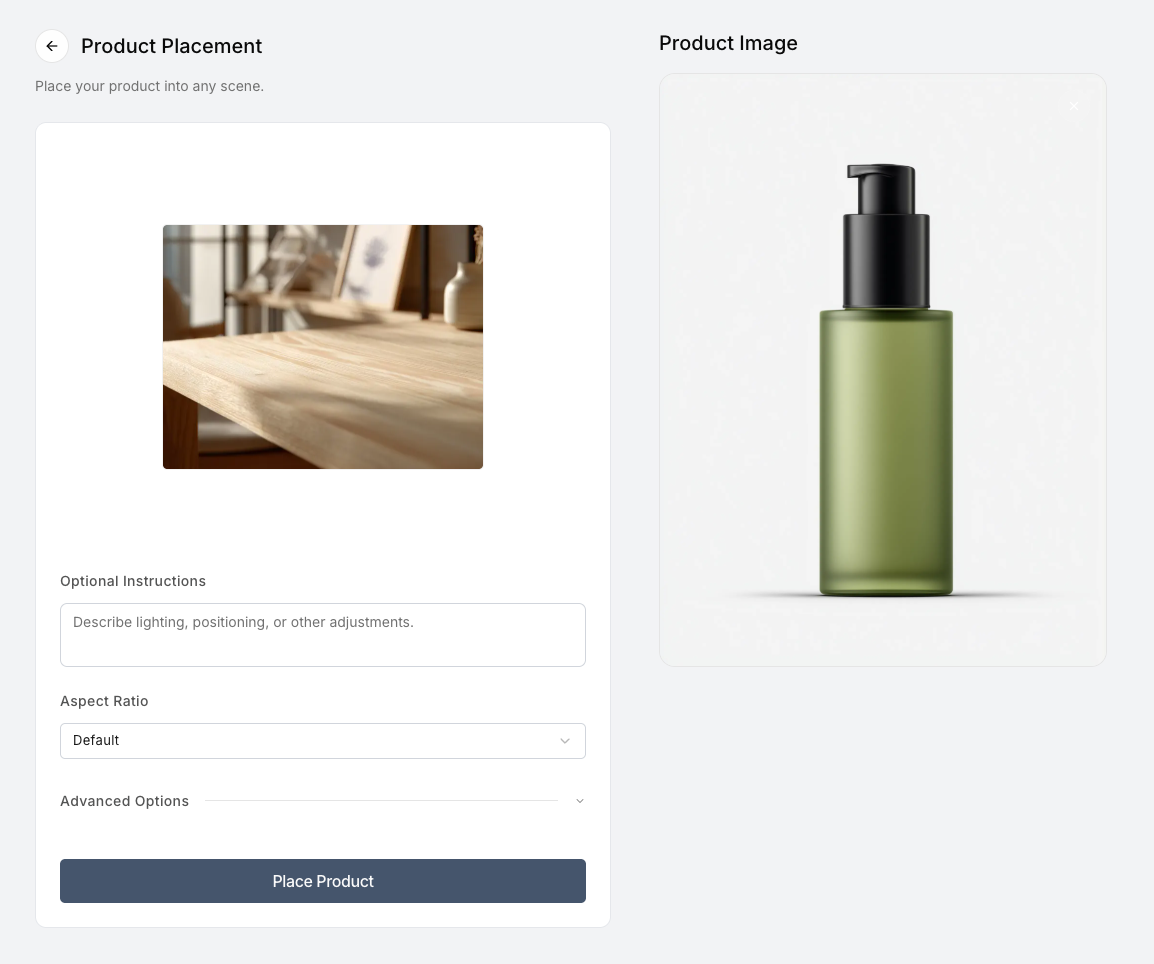 Screenshot of the Product Placement interface showing a stock photo of an empty wooden table uploaded as the background and showing the uploaded product image on the right