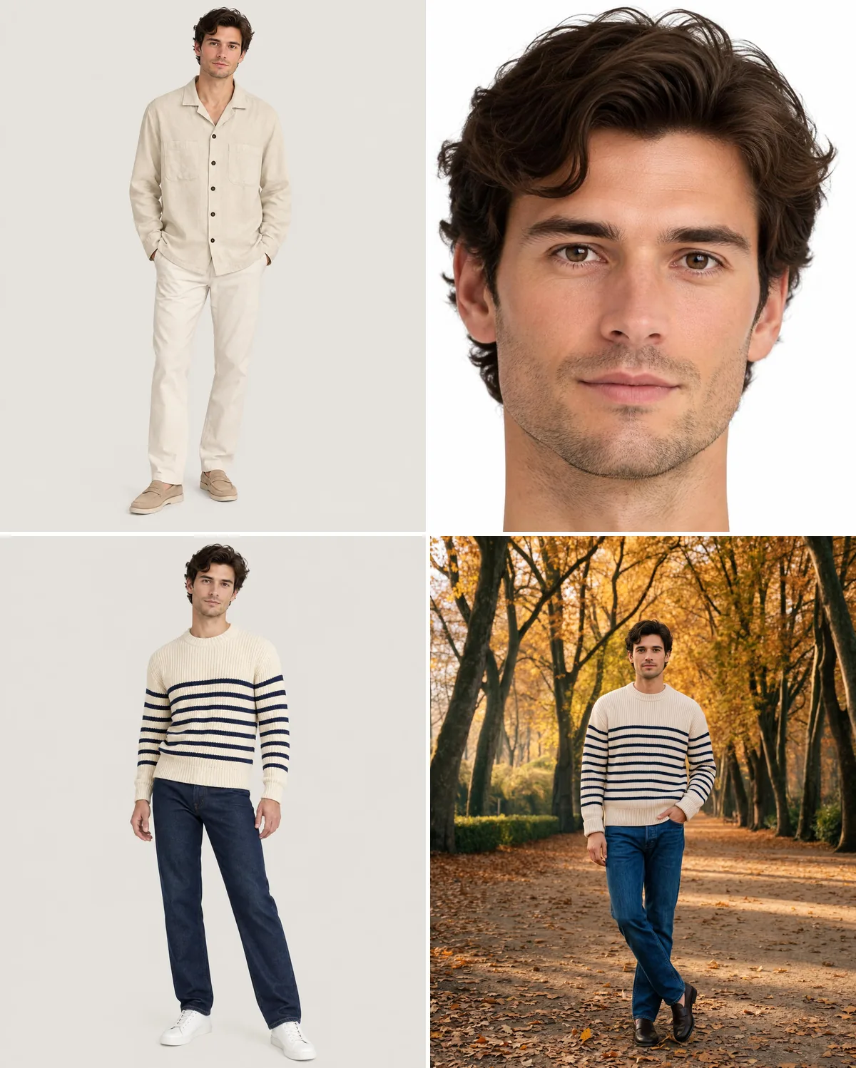 Four images in a grid. Top left: a man in a cream overshirt, chosen by Nightjar. Top right: the Fashion Model card made from that image, a close-up of his face. Bottom left: the same man in a striped sweater on a grey studio backdrop. Bottom right: the same man in the sweater on an autumn park path.