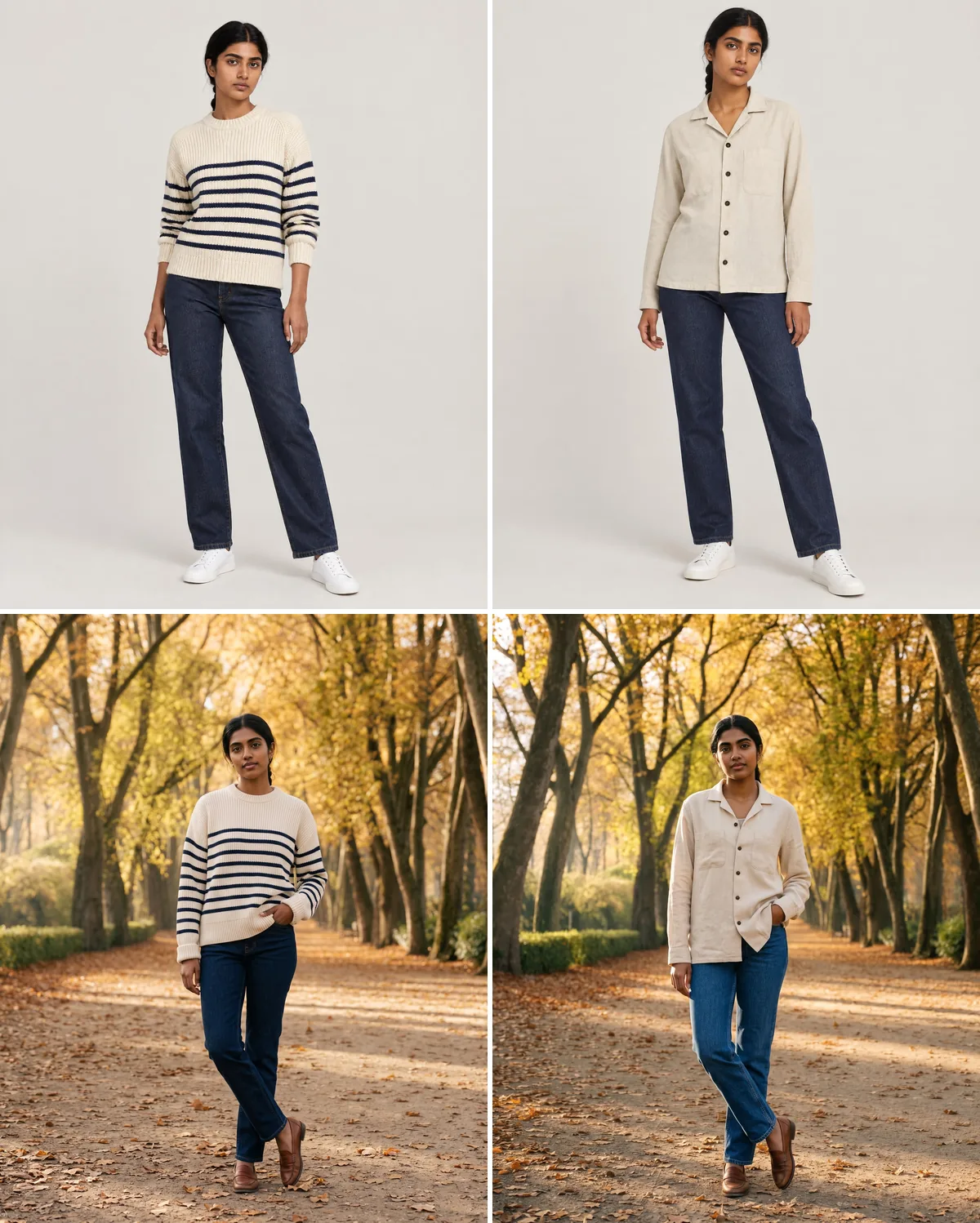 Four full-body images of the same woman with a dark braid. Top row: a striped sweater and a cream overshirt, each with indigo jeans and white sneakers, on a plain warm grey studio backdrop. Bottom row: the same sweater and overshirt with jeans and brown loafers, standing with ankles crossed on the same tree-lined autumn path with a hedge on the left.