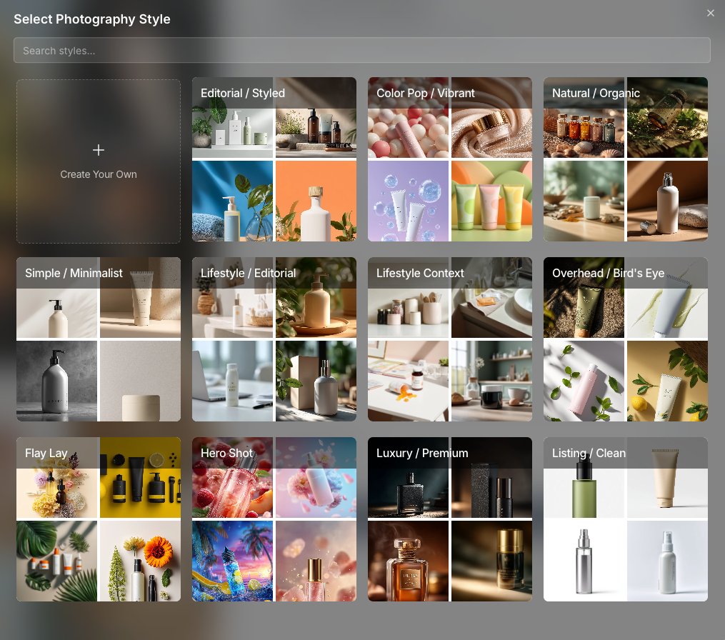 Screenshot of the 'Select Photography Style' modal showing a grid of style options like 'Street Photography', 'Luxury Photography', and the '+' Create Your Own card