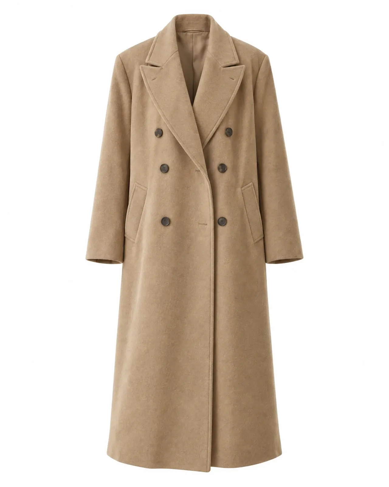The product photo it was made from: the camel double-breasted wool coat on a ghost mannequin, on white.