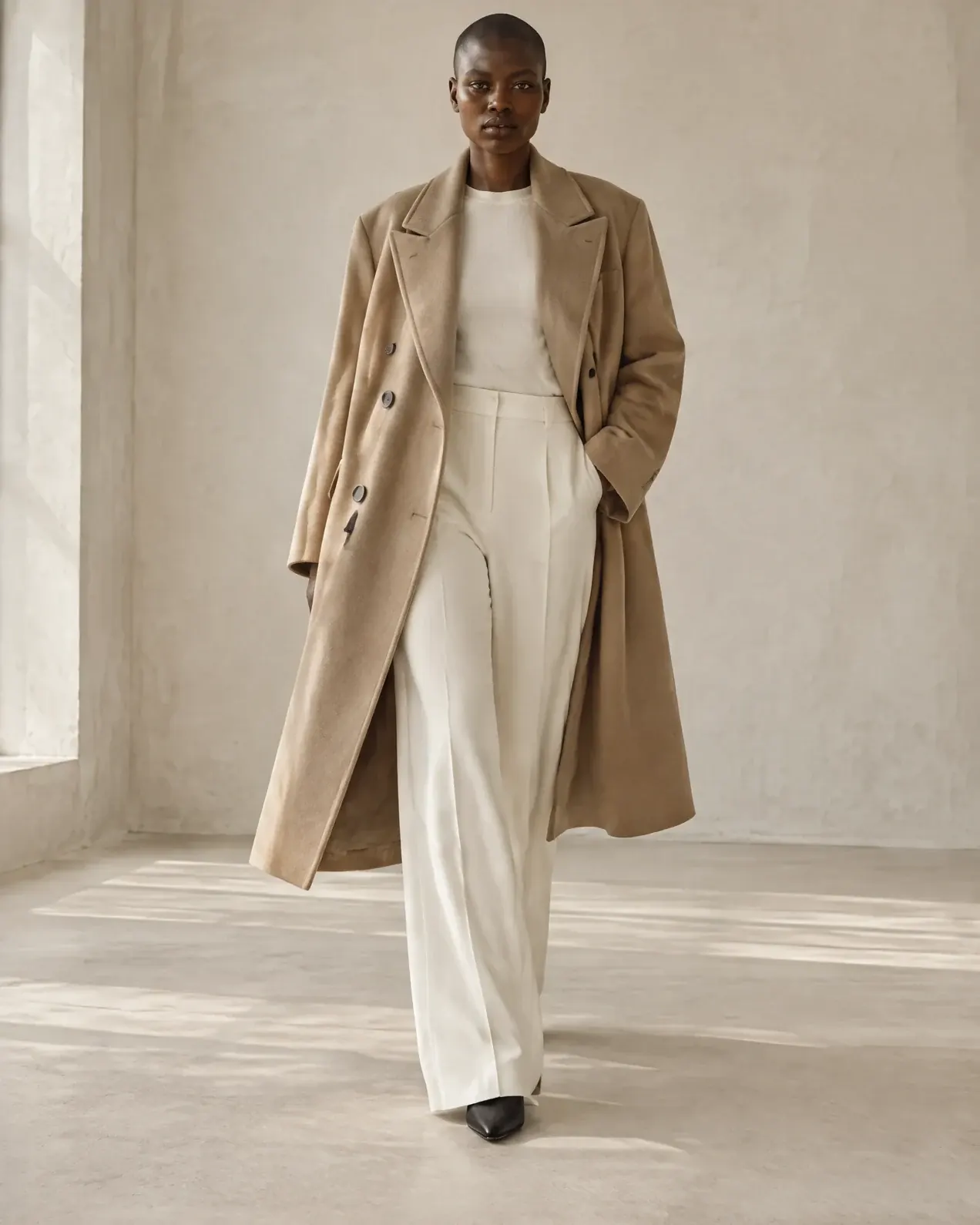 An AI fashion model walks through a plaster studio in an oversized camel wool coat over ivory trousers.