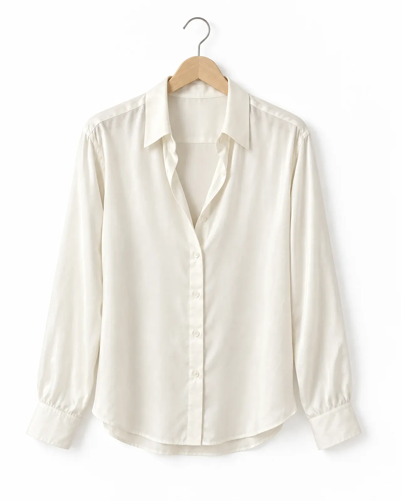 The product photo it was made from: the ivory silk shirt on a wooden hanger against a white wall.