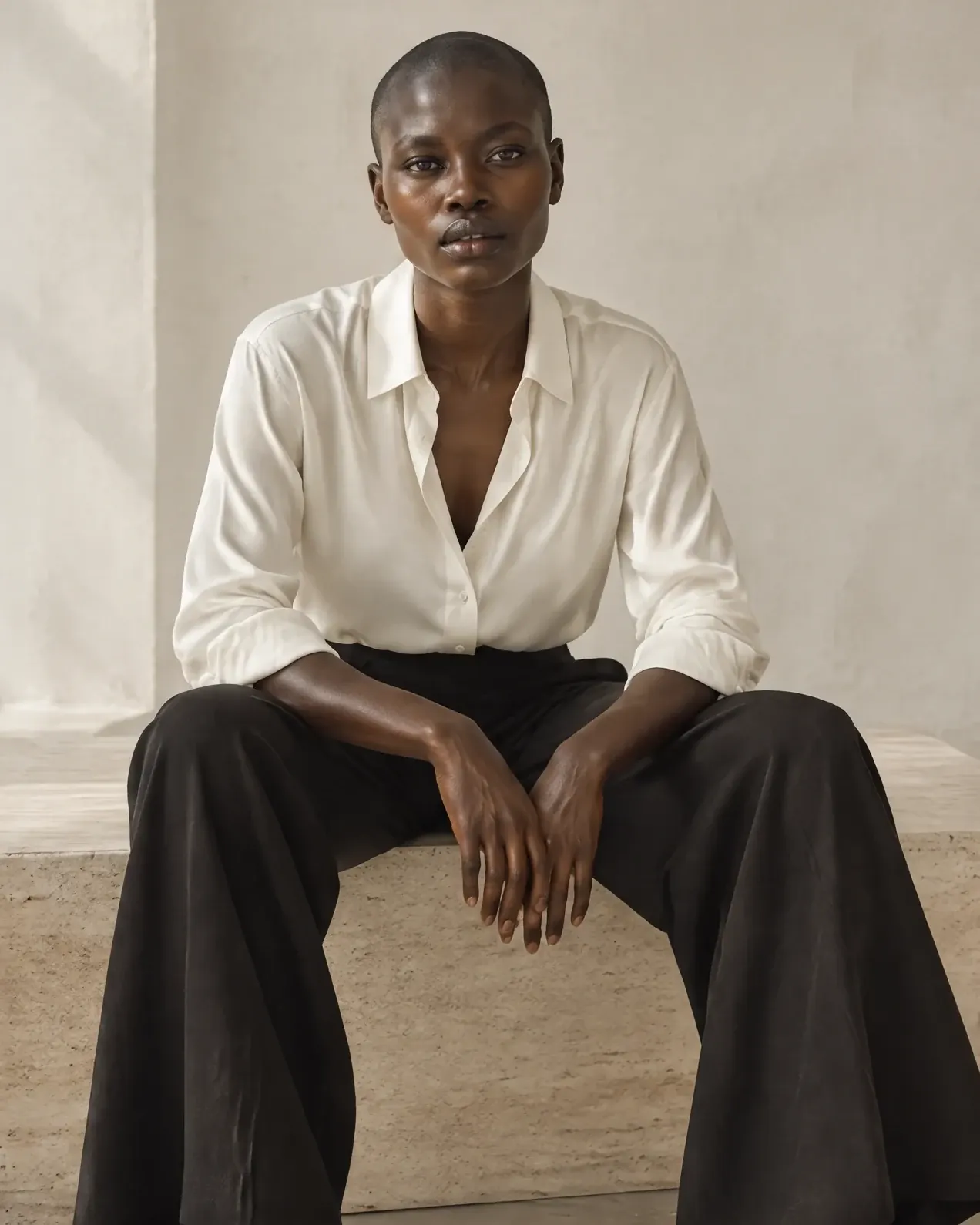 The same AI fashion model seated on a travertine bench in an ivory silk shirt and wide black trousers.