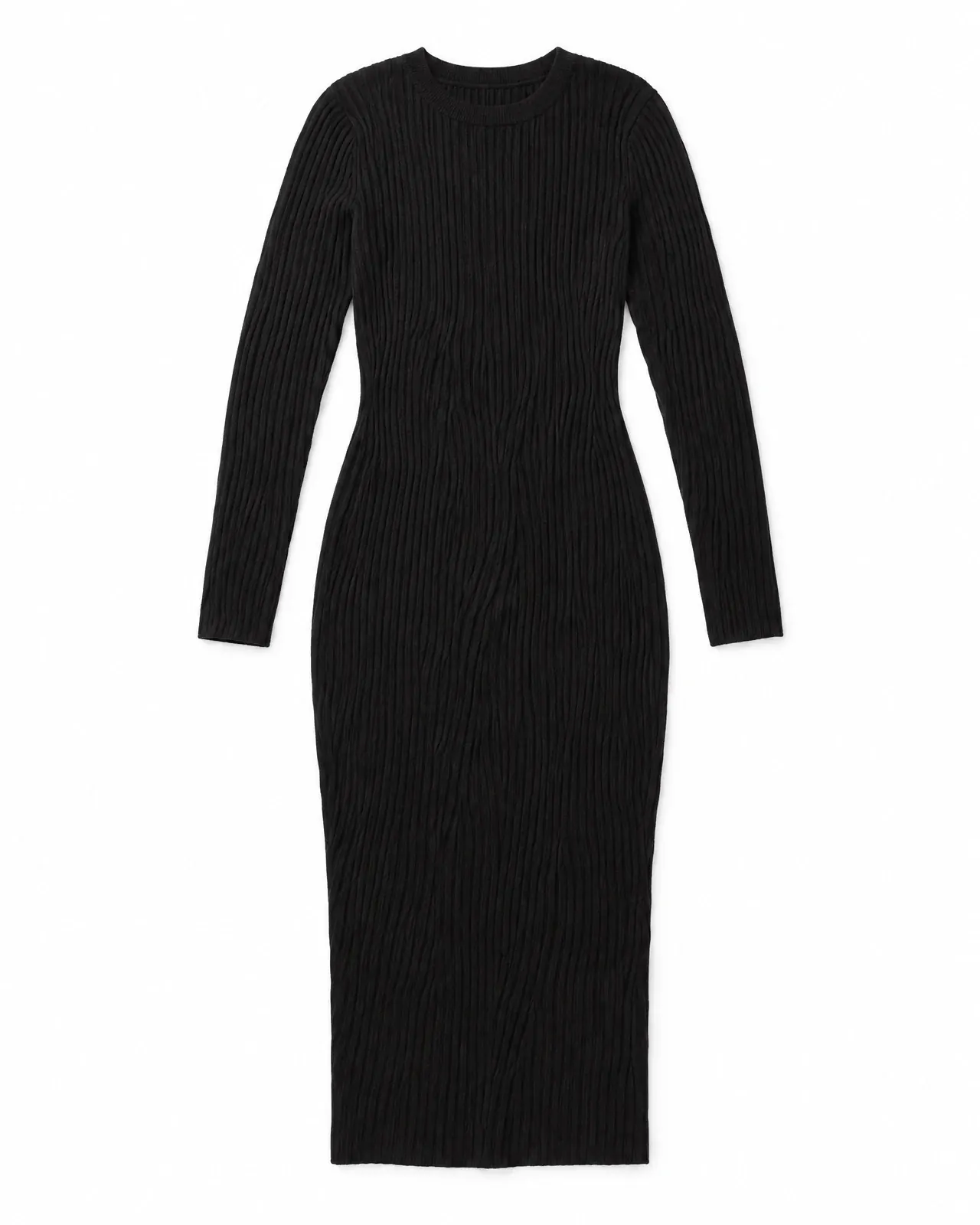 The product photo it was made from: the black ribbed-knit midi dress laid flat on white.