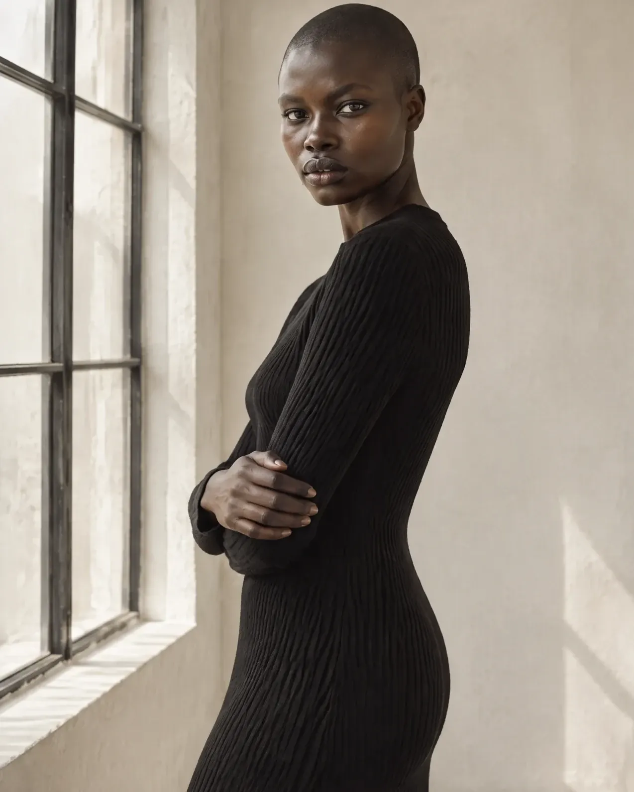 The model by a tall studio window in a fitted black ribbed-knit midi dress.