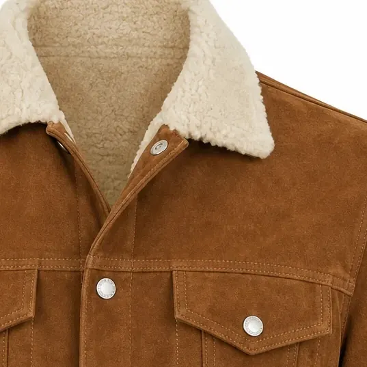 A close crop of the ghost mannequin photo: the shearling collar and snap chest pockets of a suede jacket.