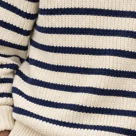The same navy stripes and rib knit, cropped from the photo of the AI fashion model wearing the sweater.