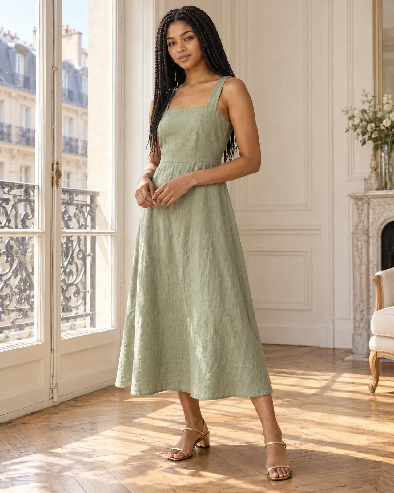 An AI fashion model wears the same sage linen midi dress by a tall window in a sunlit Paris apartment.