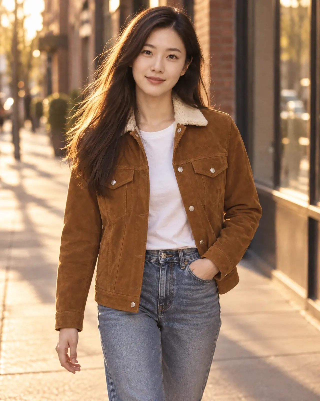 An AI fashion model wears the same suede trucker jacket over a white t-shirt on a city street at golden hour.