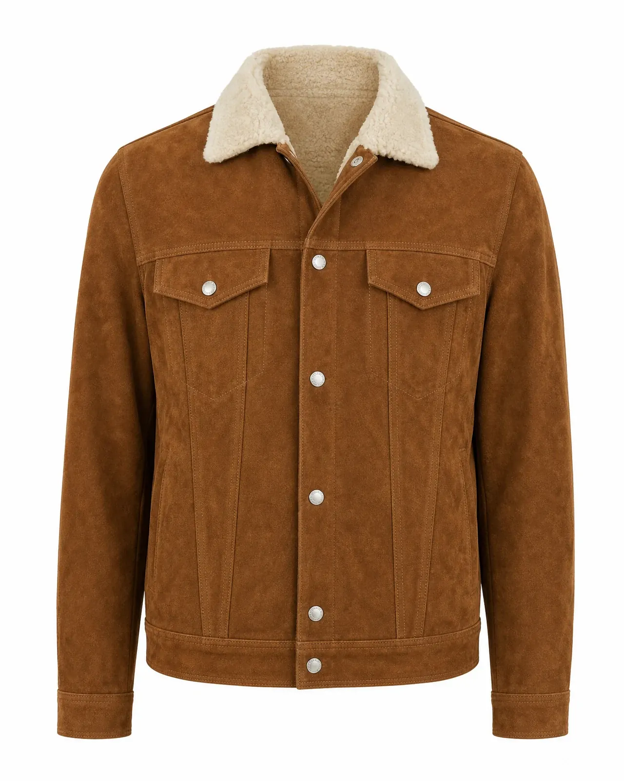 The original ghost mannequin photo: a cognac suede trucker jacket with a shearling collar on white.