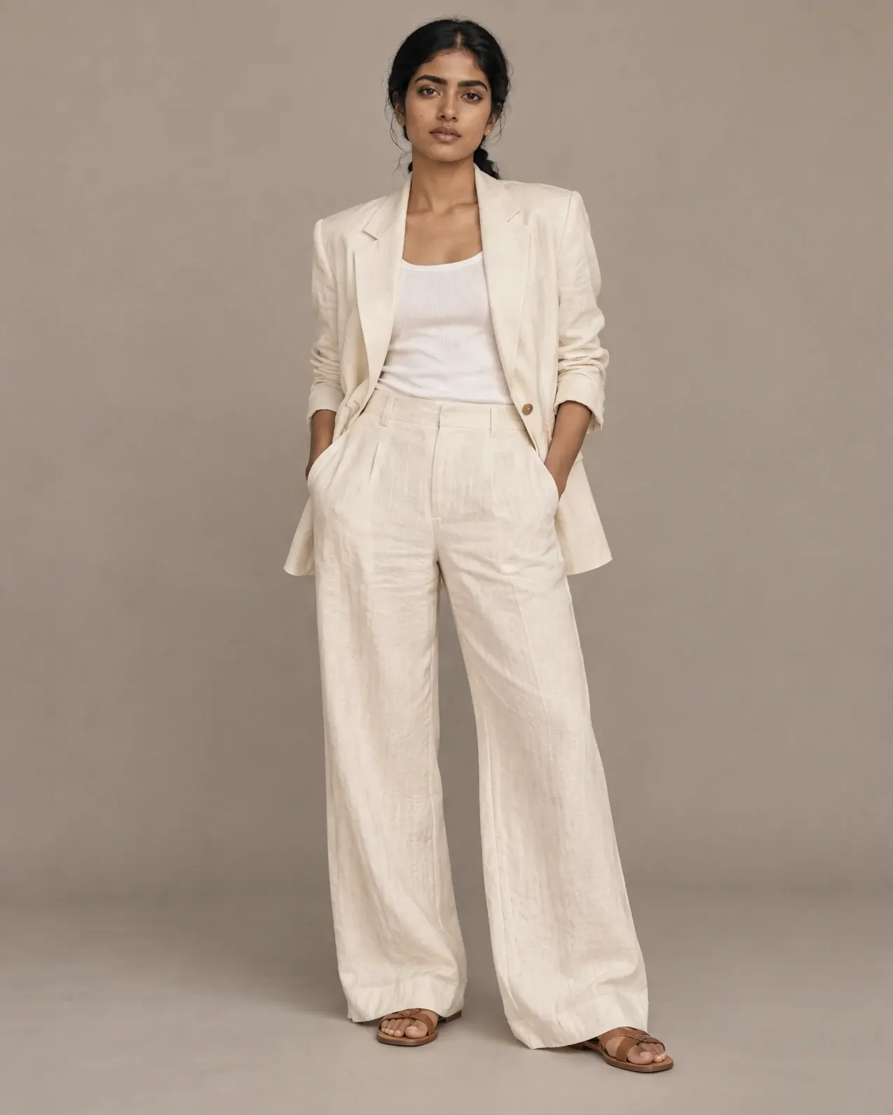 An AI fashion model in an ivory linen suit on a seamless warm-grey studio backdrop.