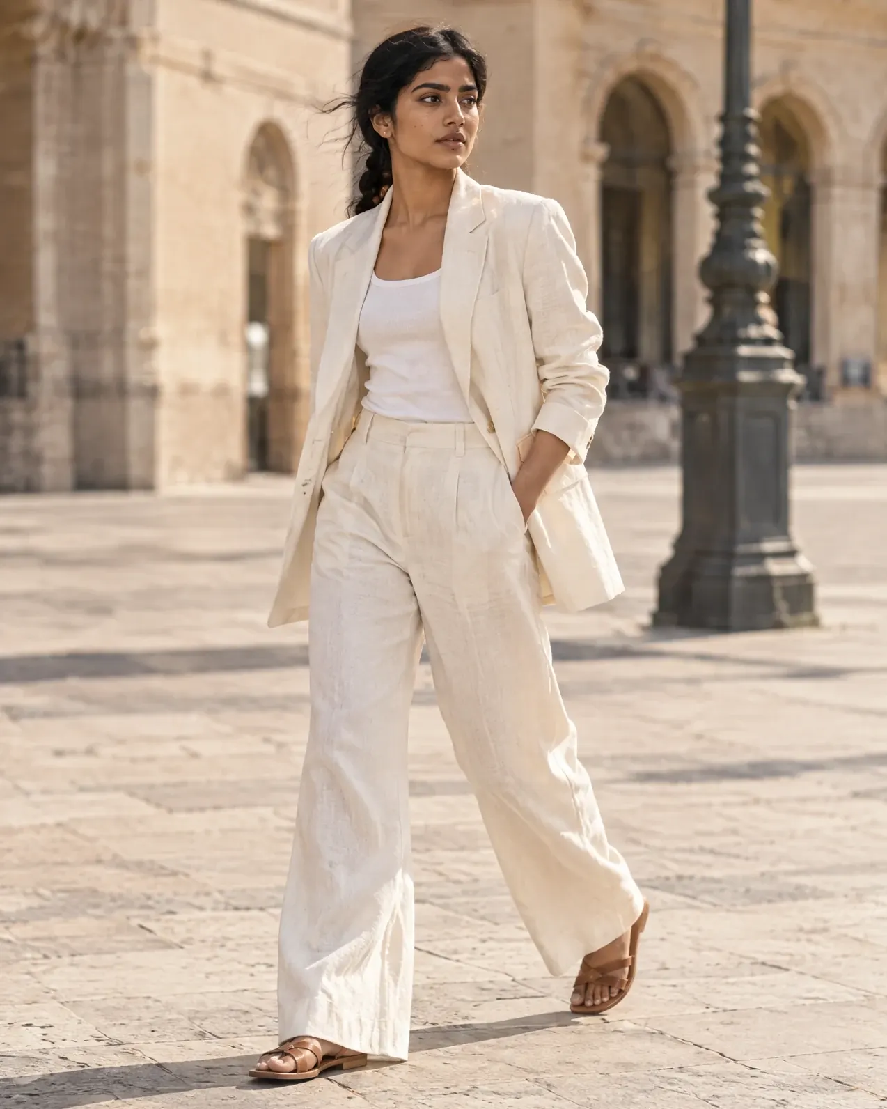 The same model in the same ivory linen suit walking across a sunlit stone plaza.