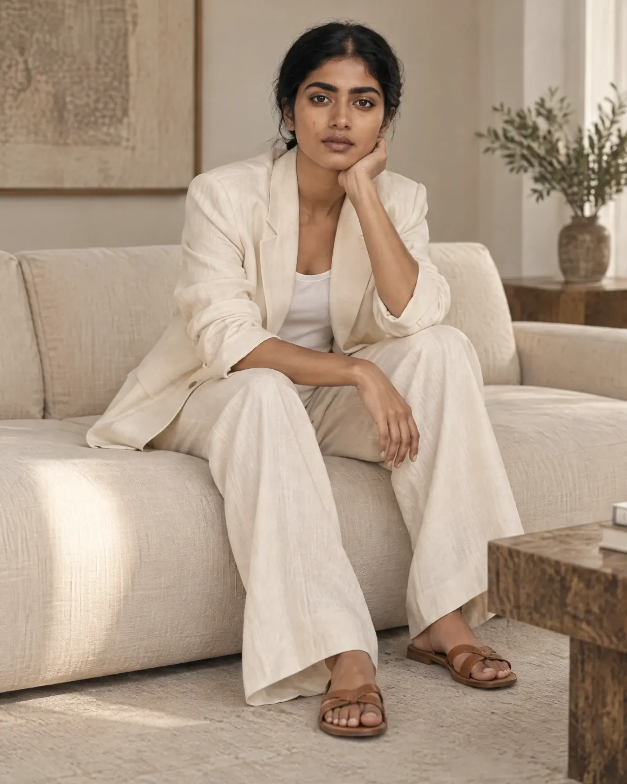 The same model and linen suit seated on a low sofa in a calm, minimal apartment.