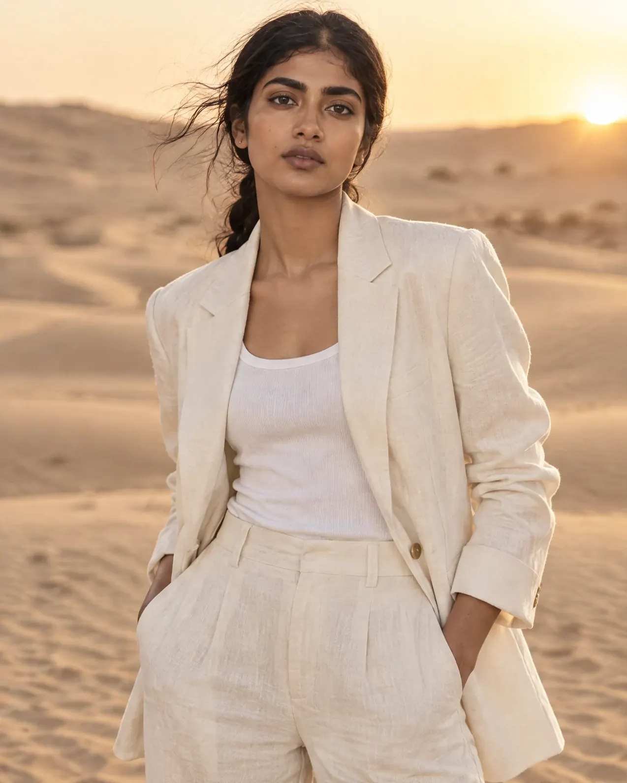 The same model and linen suit standing among sand dunes at golden hour.