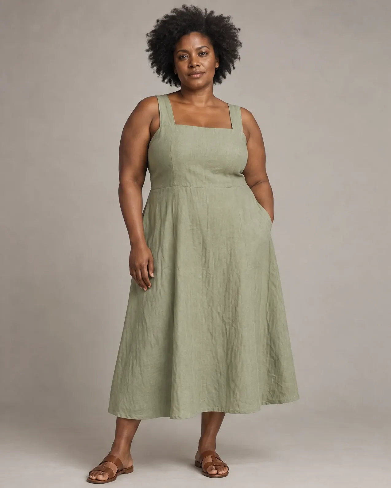A curvy AI fashion model wears the sage linen midi dress in a warm-grey studio.