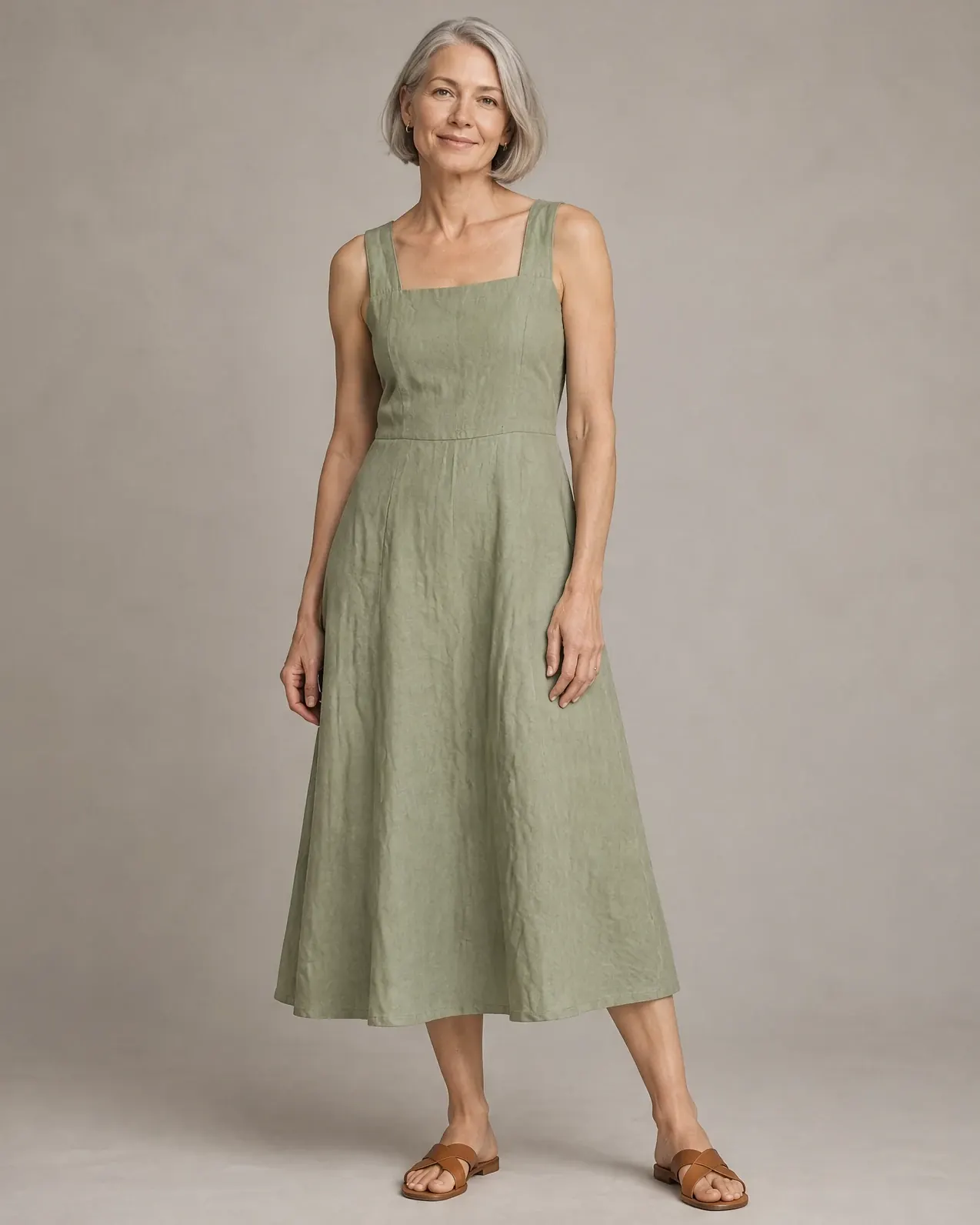 A tall, silver-haired AI fashion model wears the same sage linen midi dress.