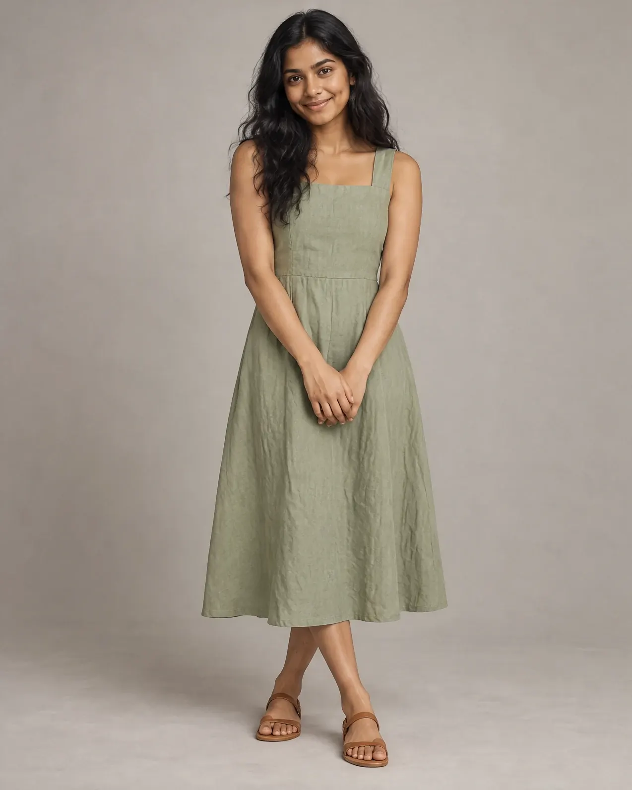 A petite AI fashion model wears the same sage linen midi dress.