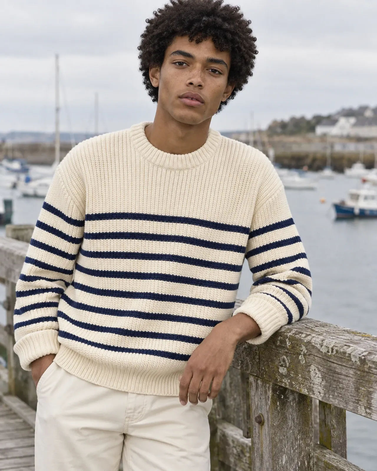 A male AI fashion model wears the same striped sweater, leaning on a harbour railing.