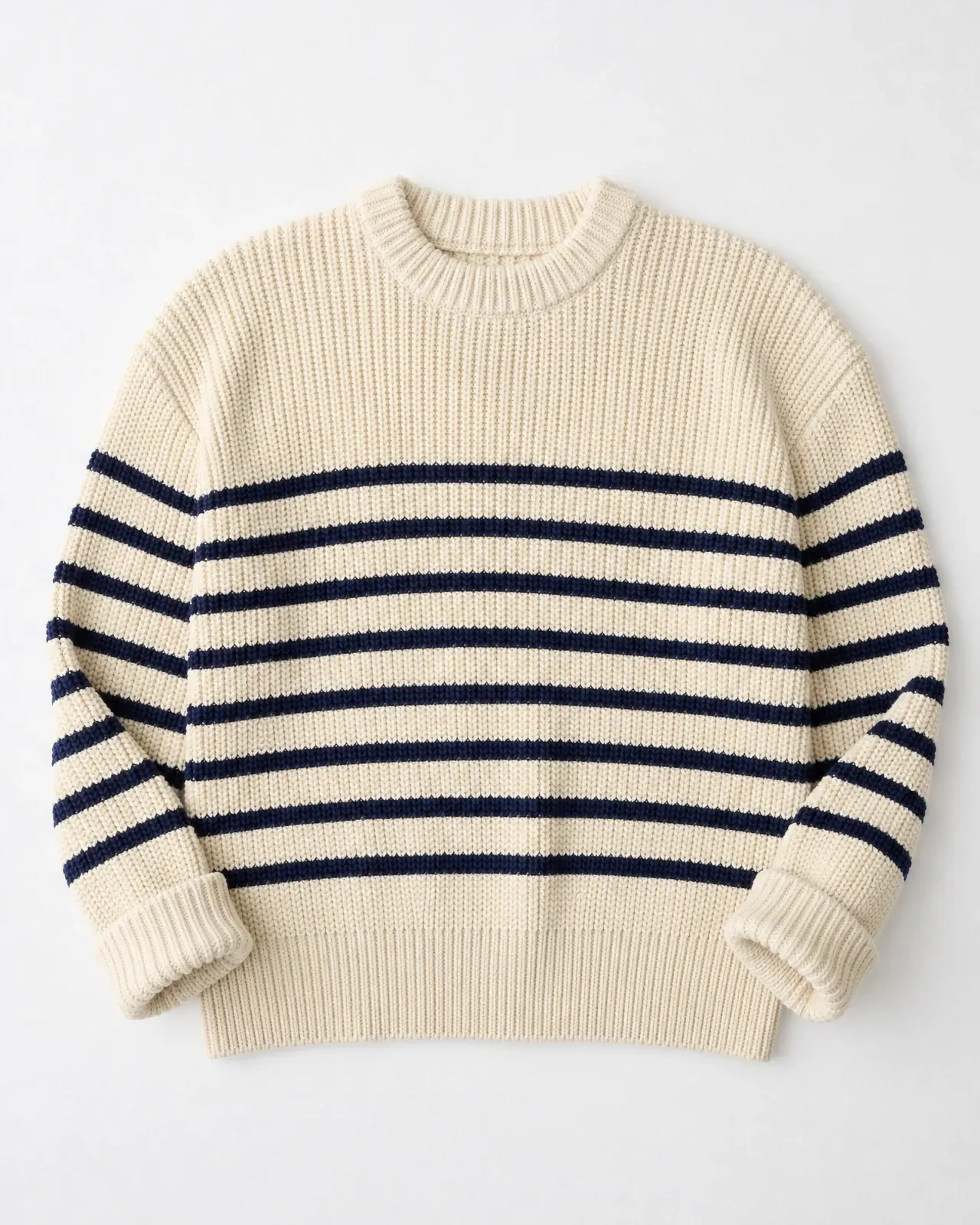 The original flat lay: a cream and navy striped fisherman sweater photographed from above on white.
