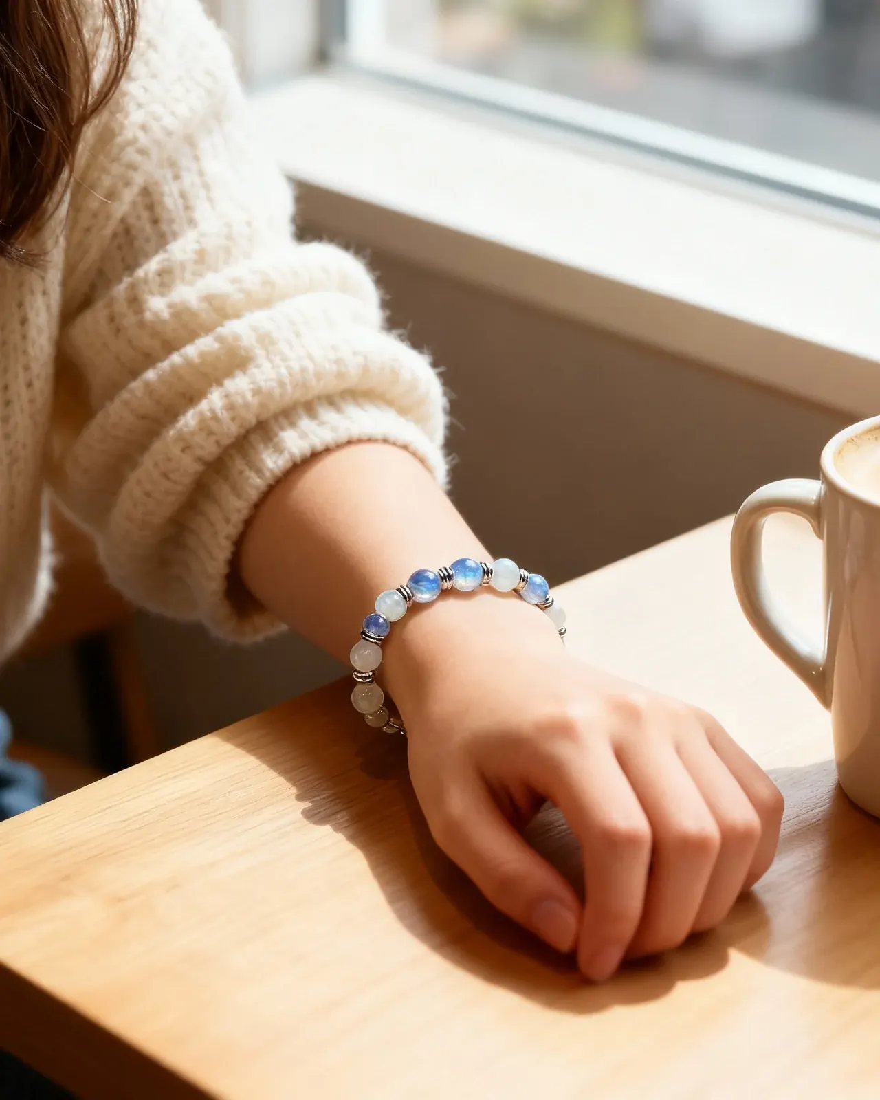 AI jewelry photography of a moonstone and silver bead bracelet on a wrist beside a coffee cup.